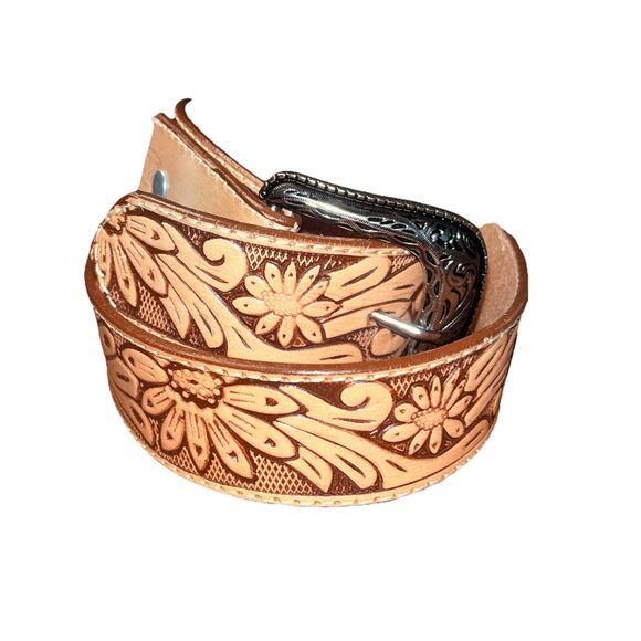 Western Floral Tooled Genuine Leather Brown Belt 23-28 Classic Rodeo - Picture 1 of 4